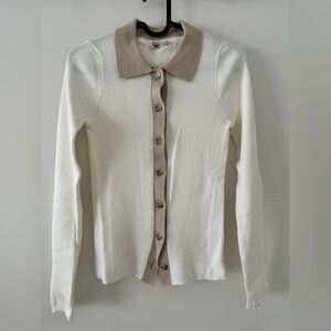 Faherty Woman White/Cream Contrast Trim Cotton Cashmere Slim Ribbed Cardigan XS